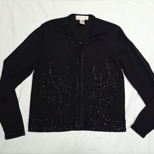 Vintage Casual Corner Rayon Blend Black Beaded Zip Front Cardigan M